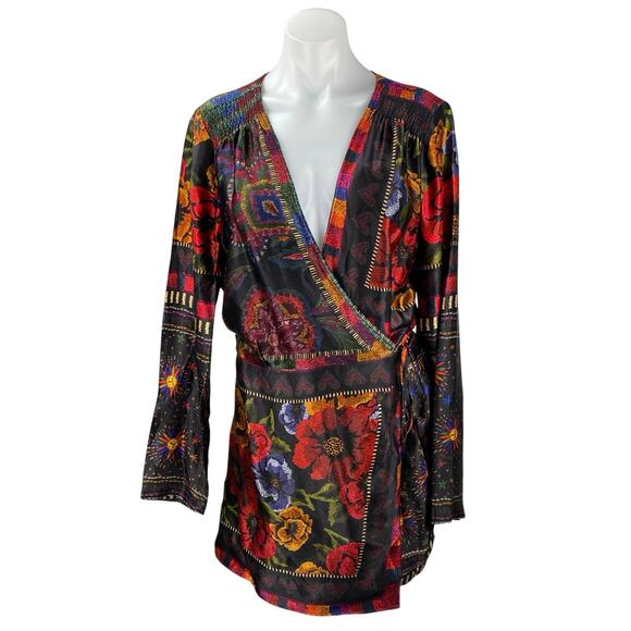 Farm Rio Black Multicolor Mixed Arabesque Scarves Long Sleeve Mini Wrap Dress M - Picture 1 of 10
